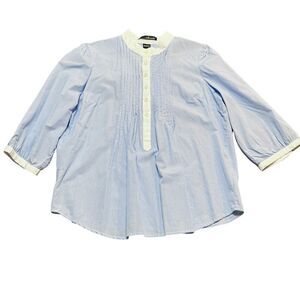 Willi Smith Shirt Womens Large Blue White Stripe Mock Neck Pintucked‎ Cotton